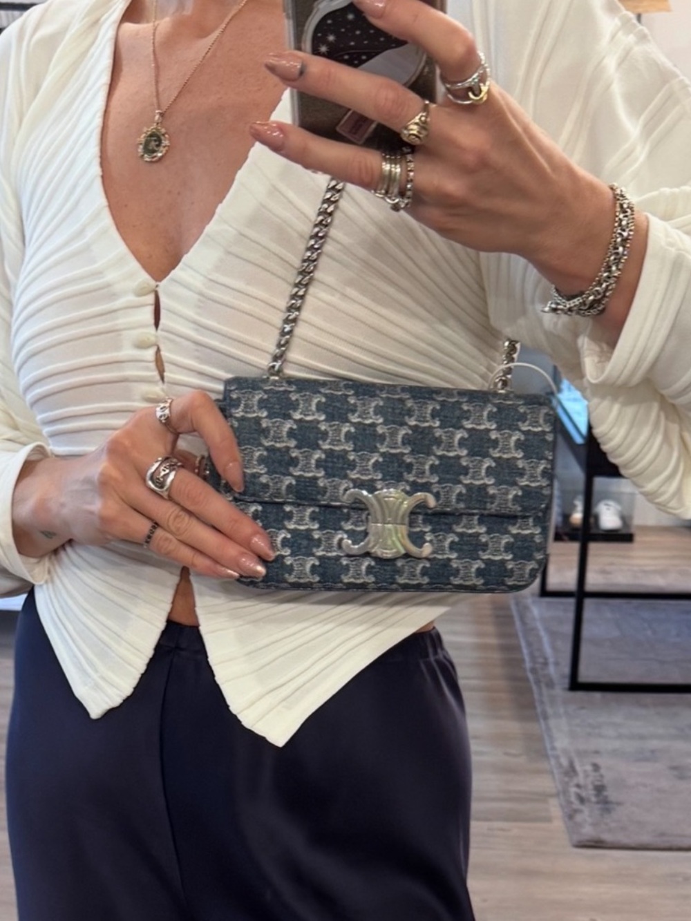 Celine Blue Denim  Triomphe Claude Chain Shoulder Bag